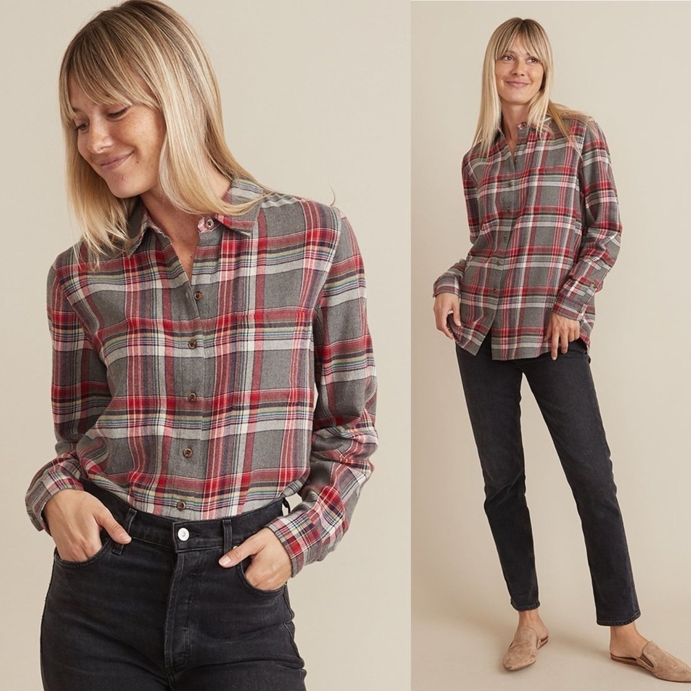 Marine Layer Red and Gray Plaid Button Down Shirt